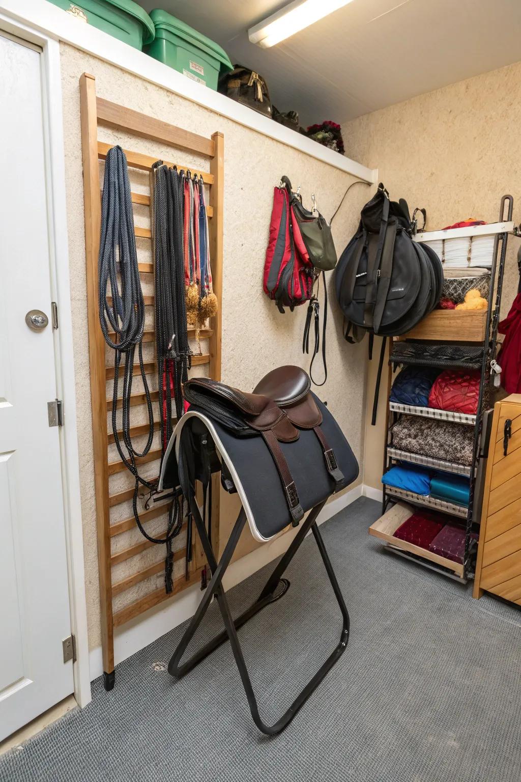 Foldable racks offer area-conserving solutions.