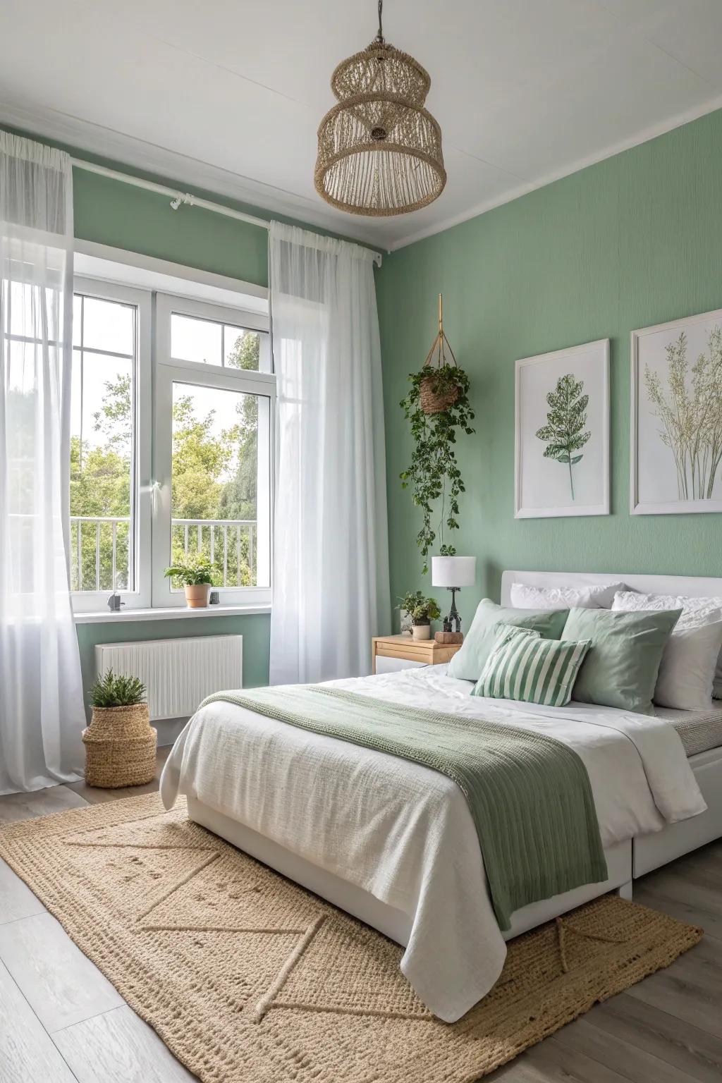 A sage green and white palette fosters a refreshing, peaceful setting.