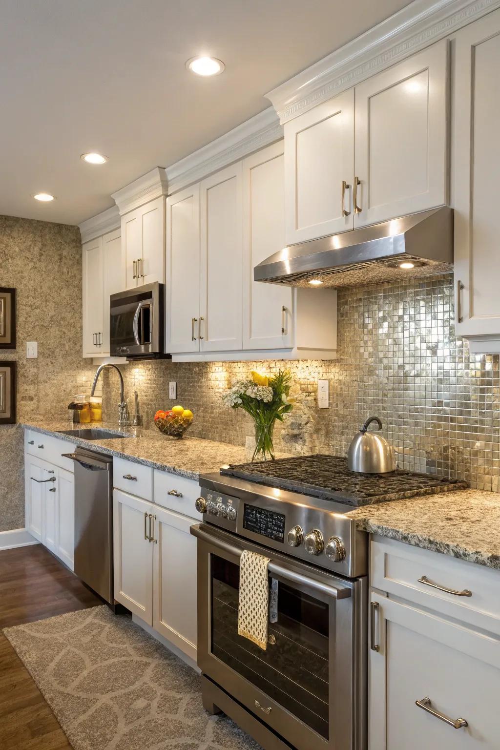 Metallic tiles bring a contemporary edge to Golden Cascade granite.