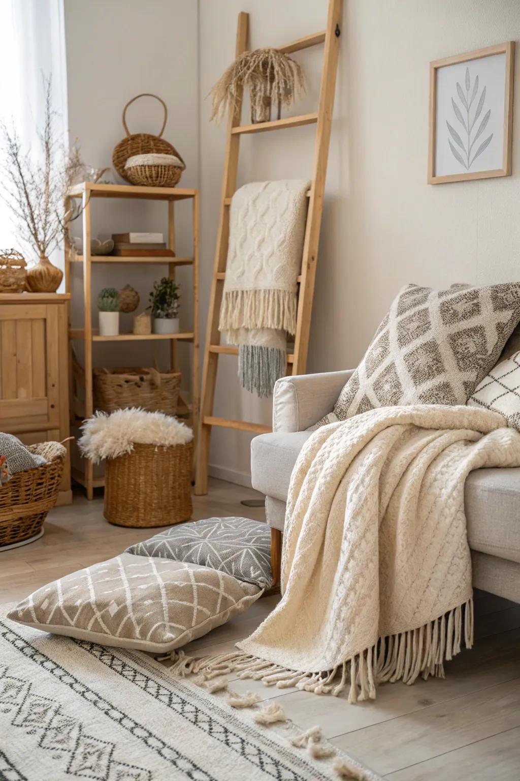 Comforting fabrics soften this Scandinavian interior.
