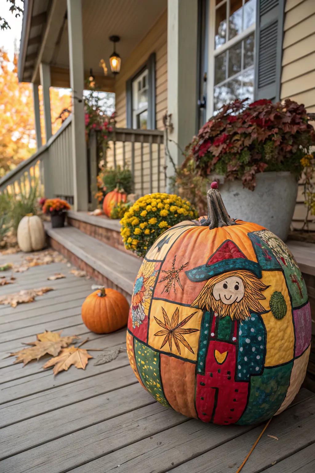 Patchwork patterns bring life to this scarecrow pumpkin.