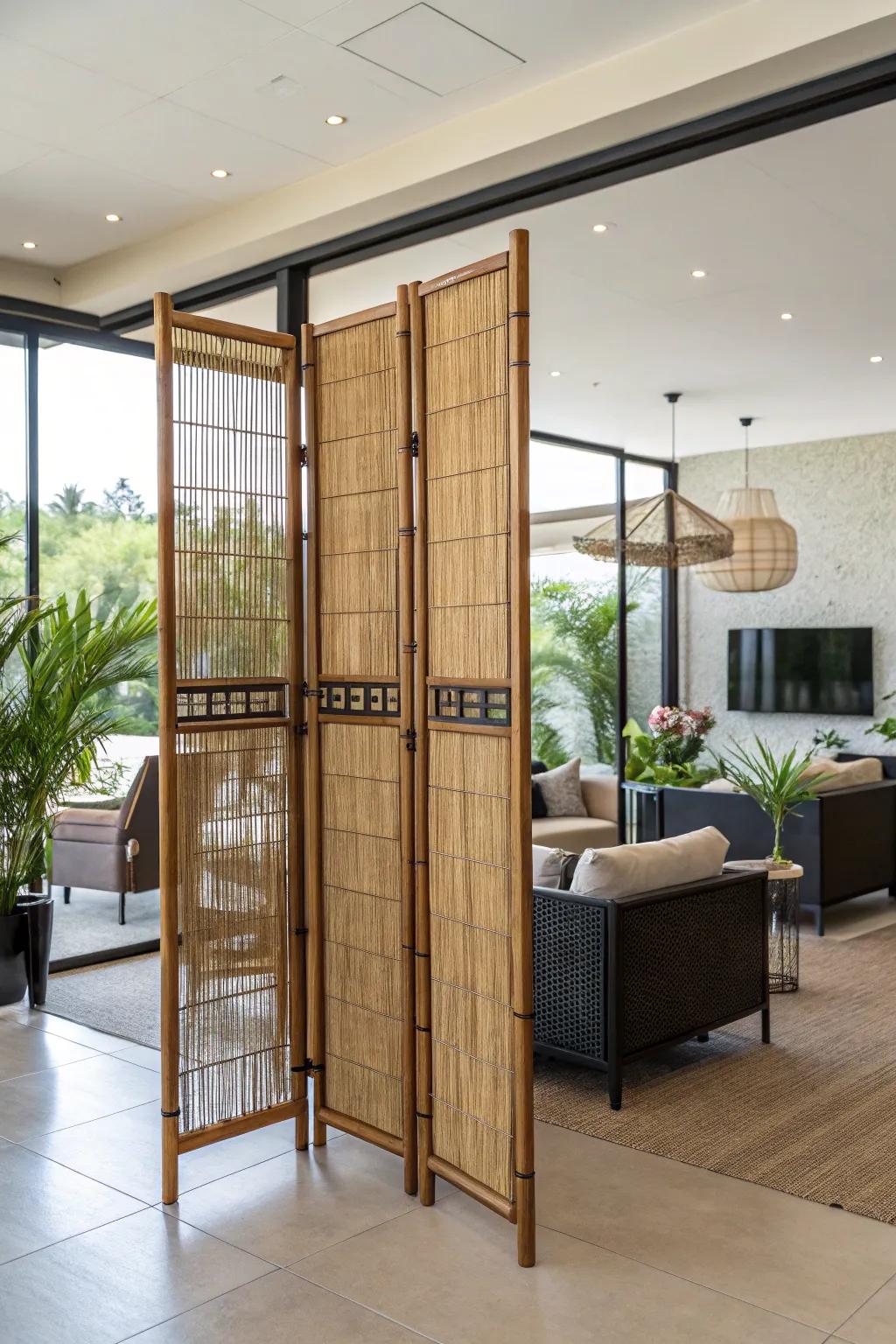 Cane screen walls provide a sustainable and stylish decor solution.