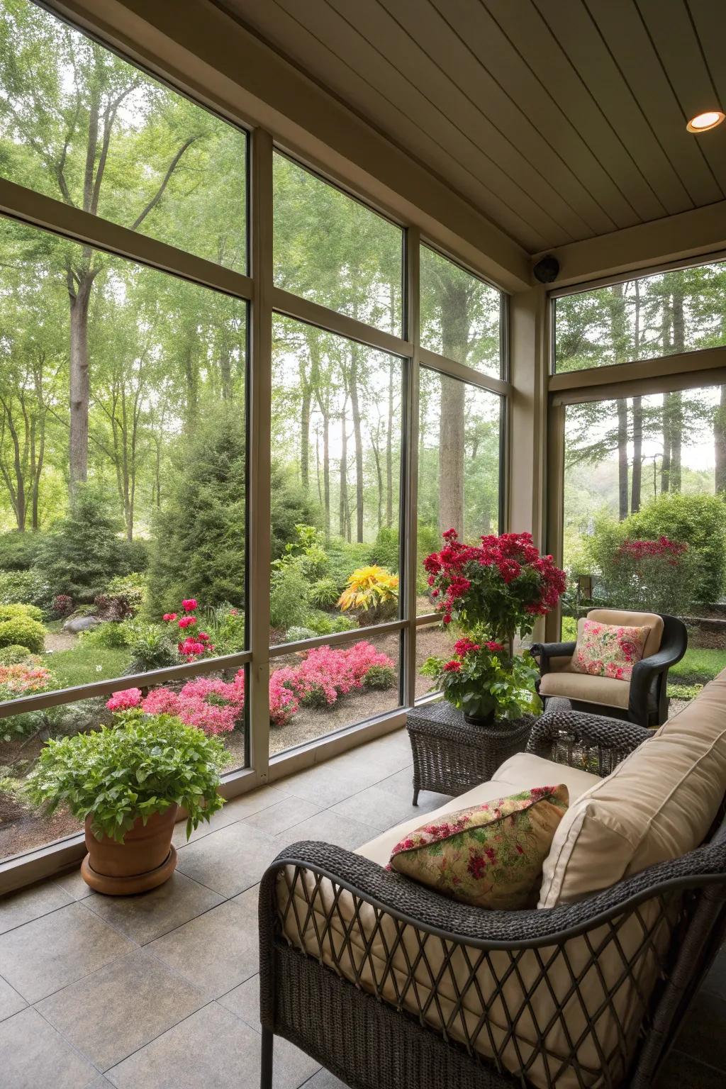 Scenic windows on the lanai provide a view of the garden.