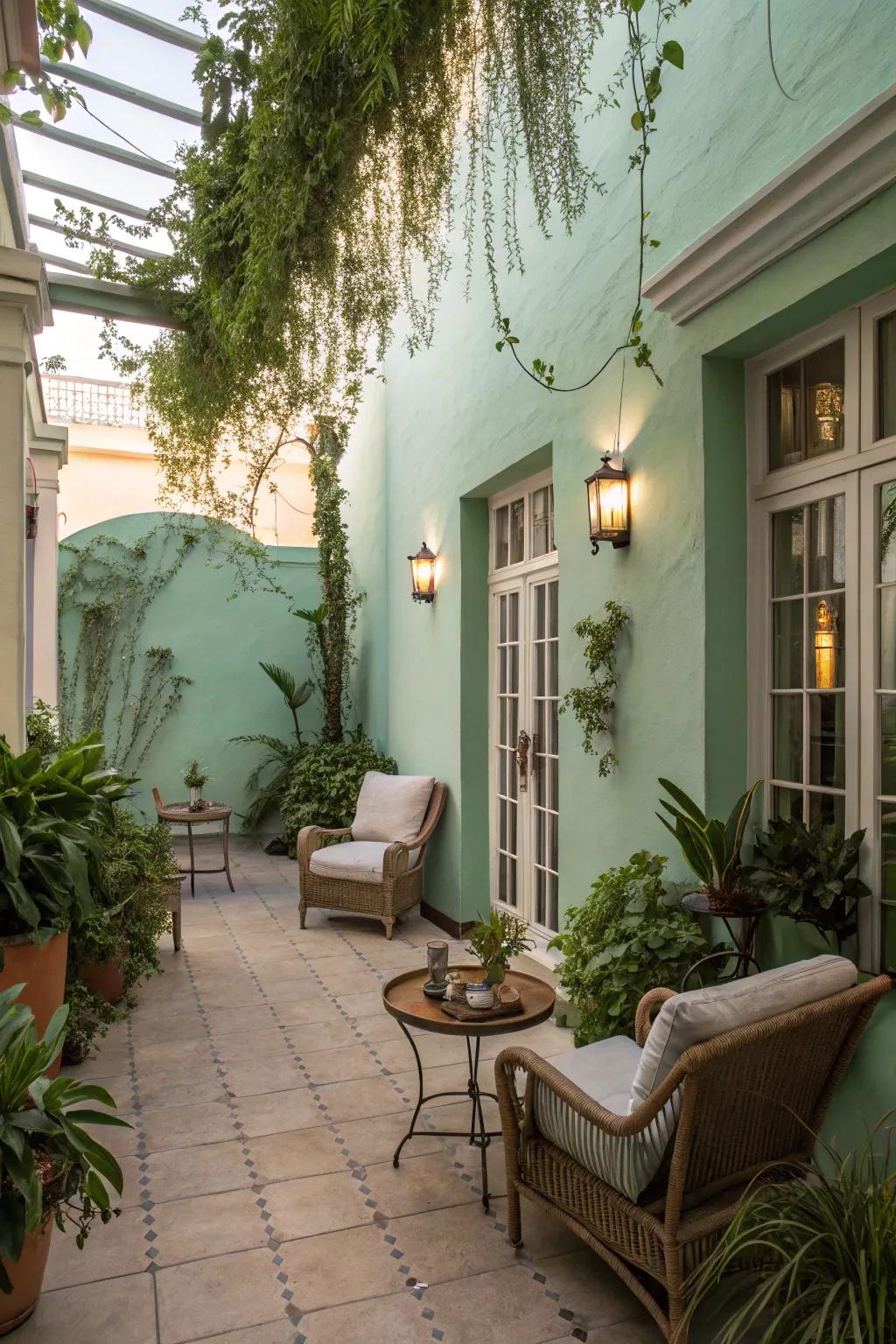 An outdoor sanctuary boasting soothing seafoam green walls.
