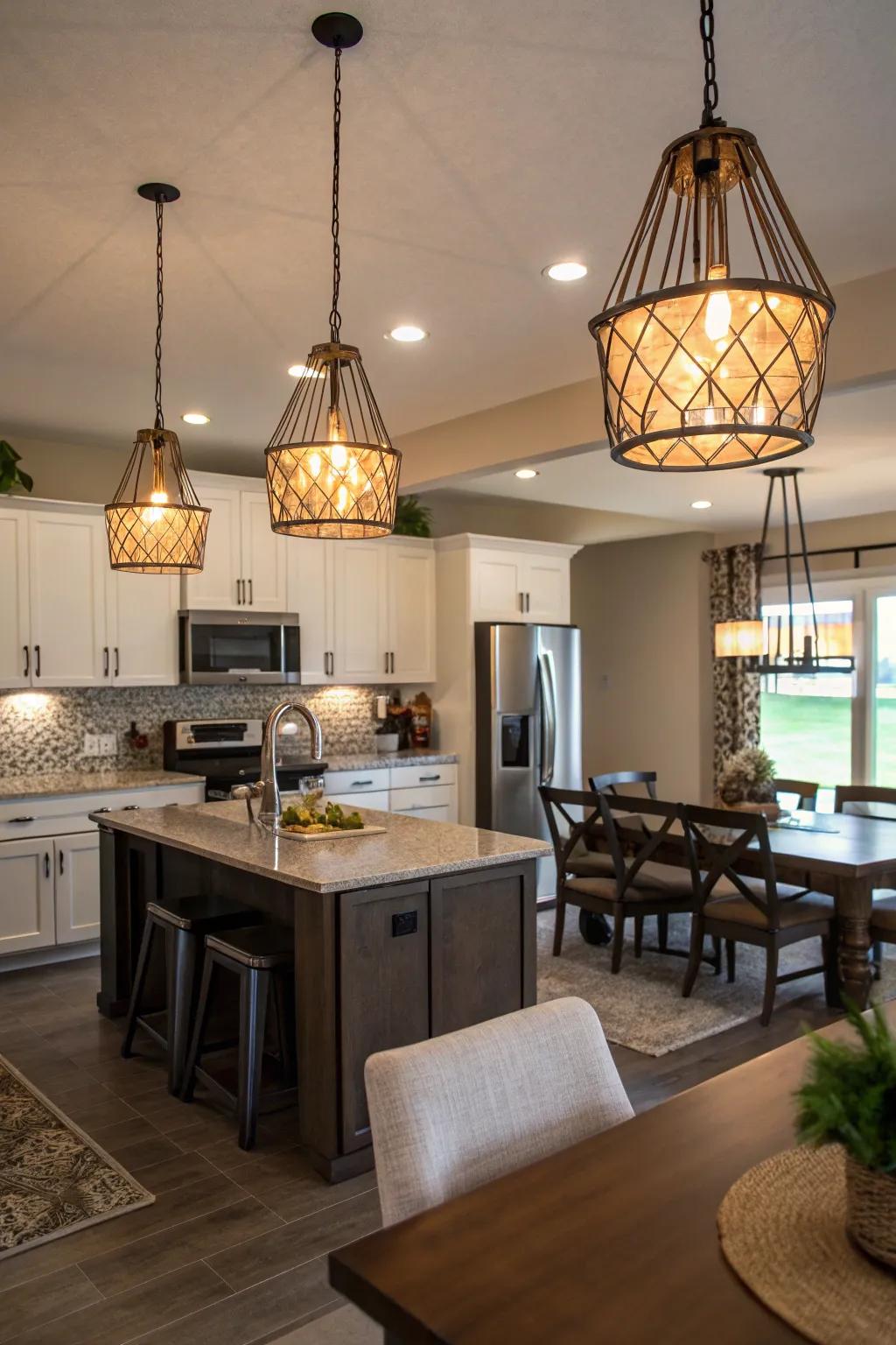 In a partly open layout, stylish lighting fixtures can act as focal points.