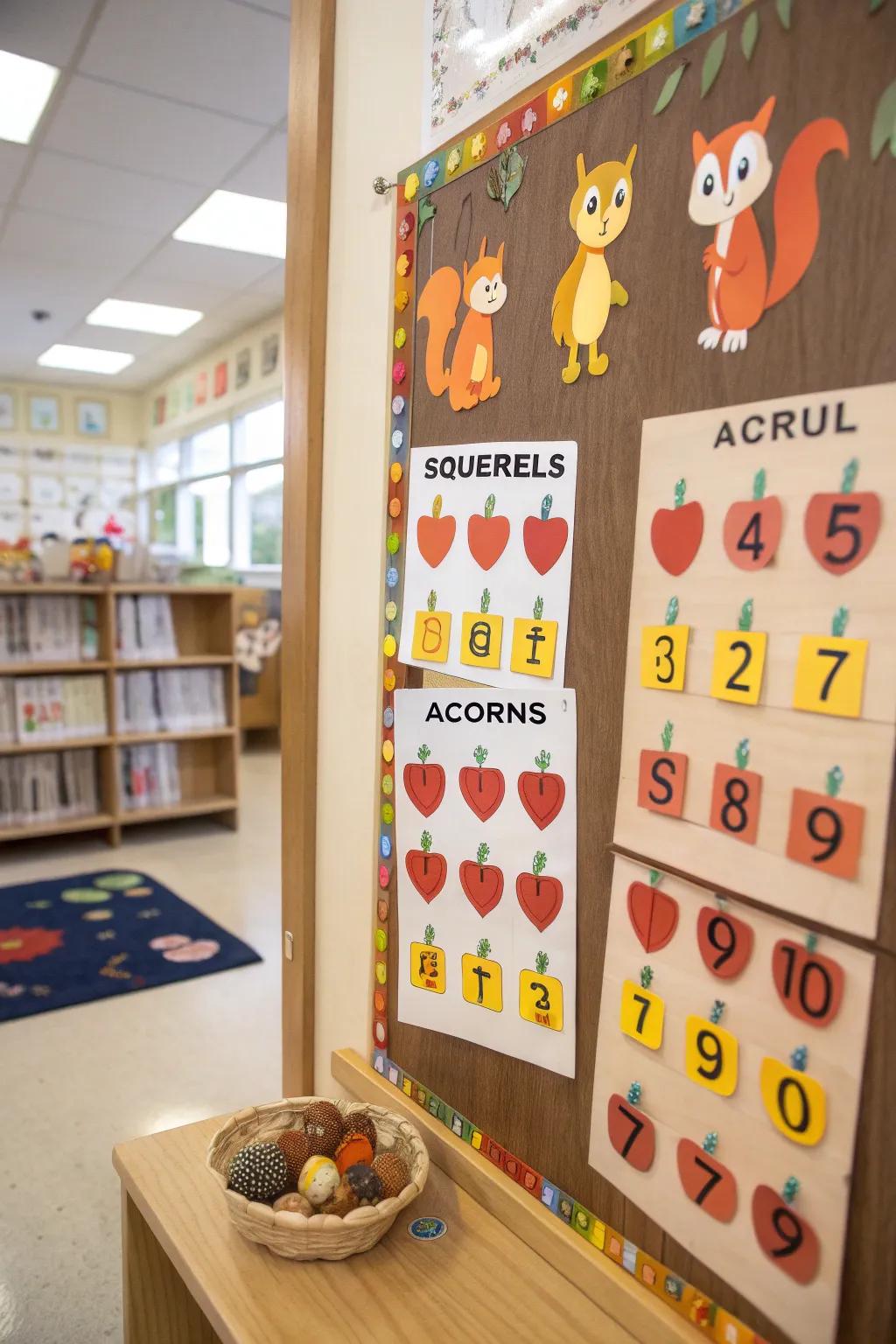 A squirrel-themed bulletin board showcasing educational acorns.