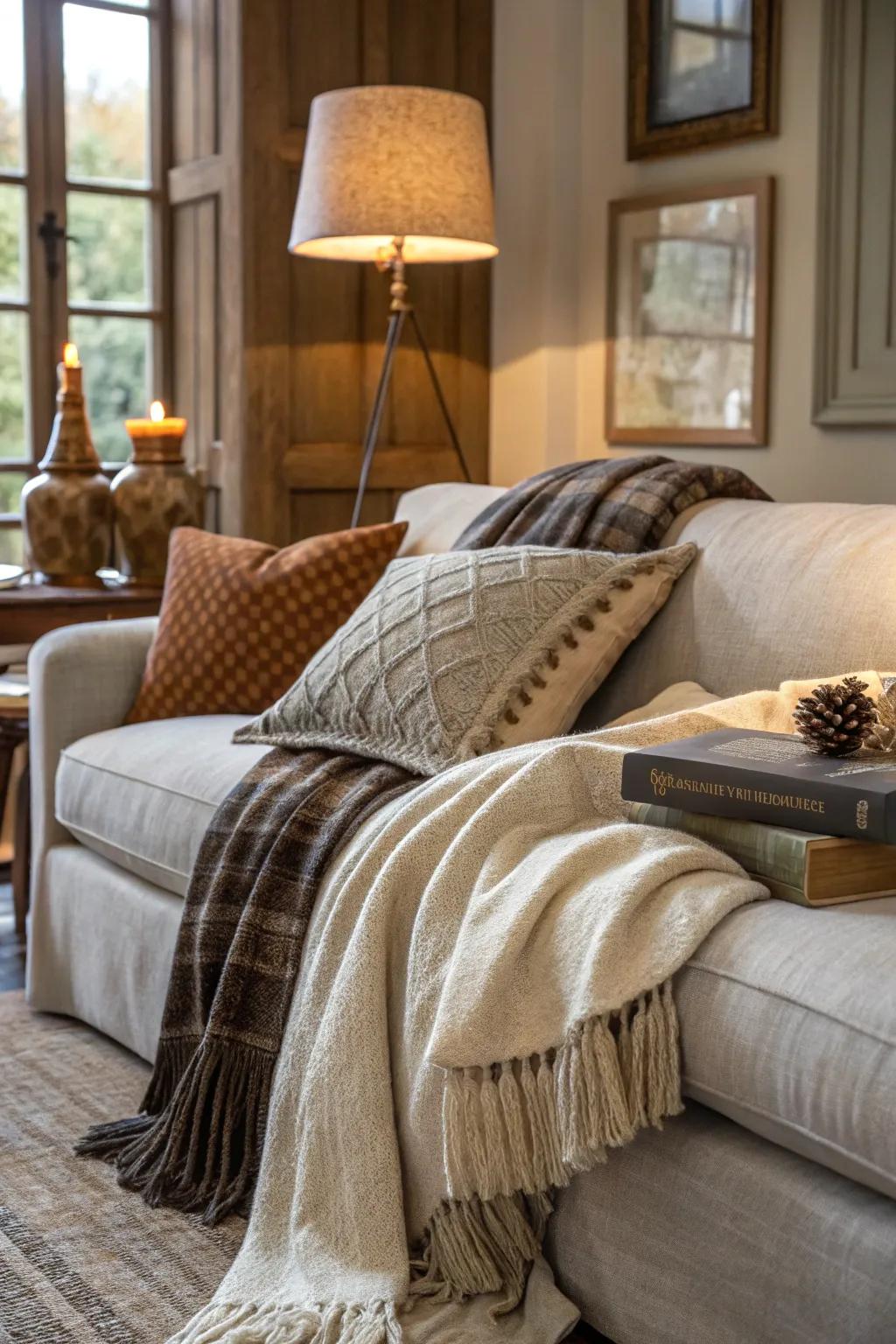 Layered materials add depth and warmth.