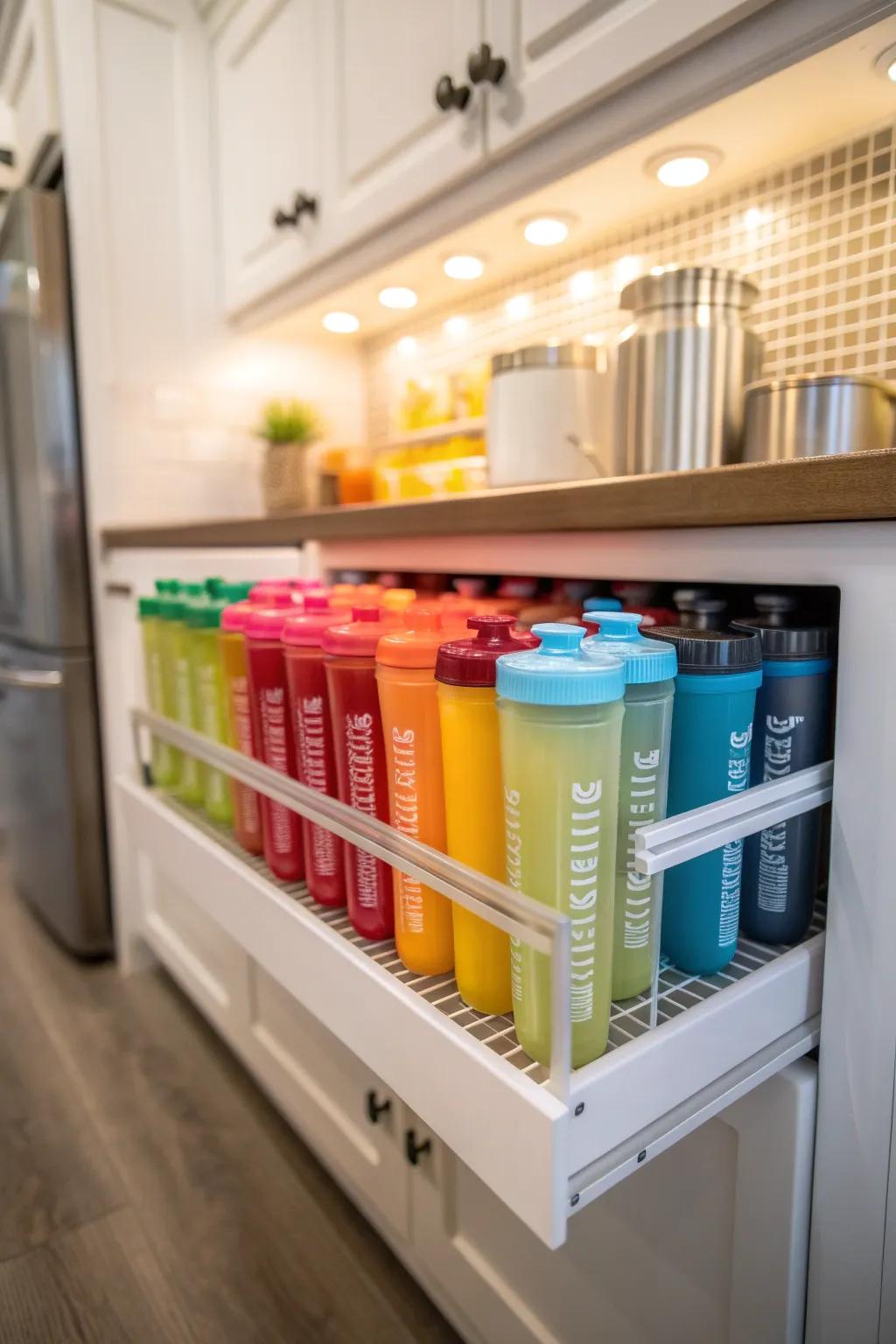 A dedicated compact storage unit for mixing containers in the kitchen.