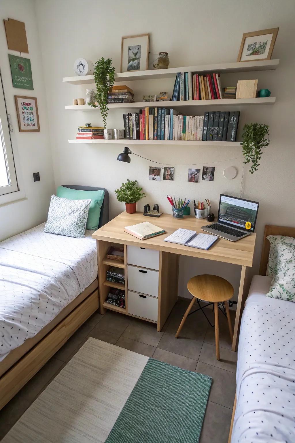 A central workspace promotes collaboration in this shared room.