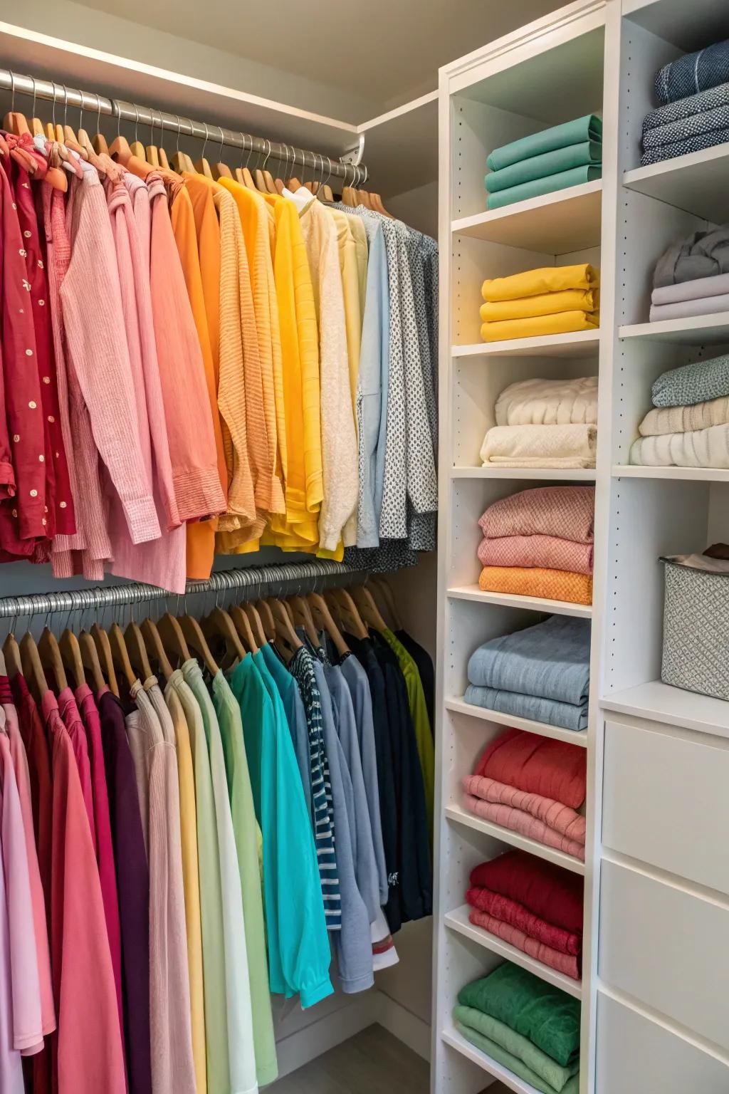 A closet featuring clothing sorted by color for a cohesive impression.