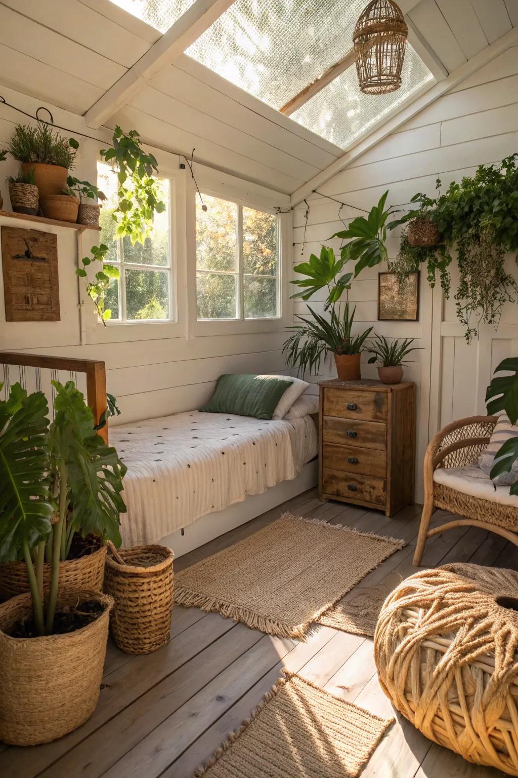 Vegetation contributes vibrancy and a hint of nature to your shed bedroom.