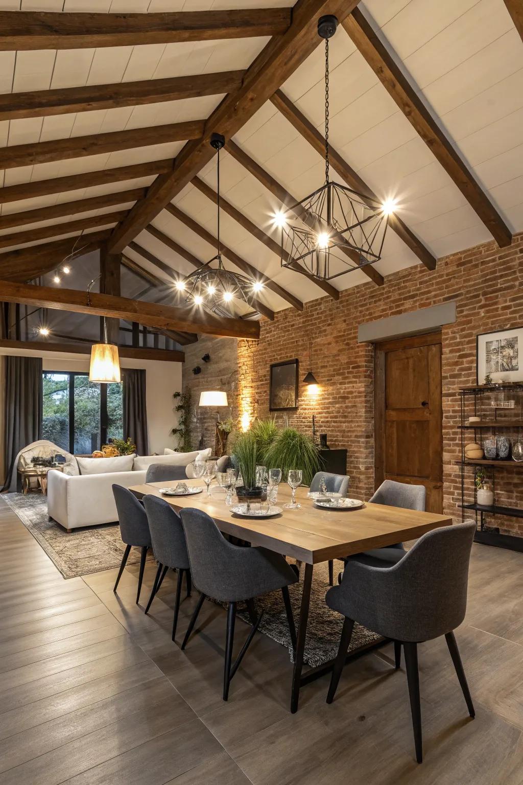 A harmonious blend of modern and rustic elements in the dining room's shed ceiling.