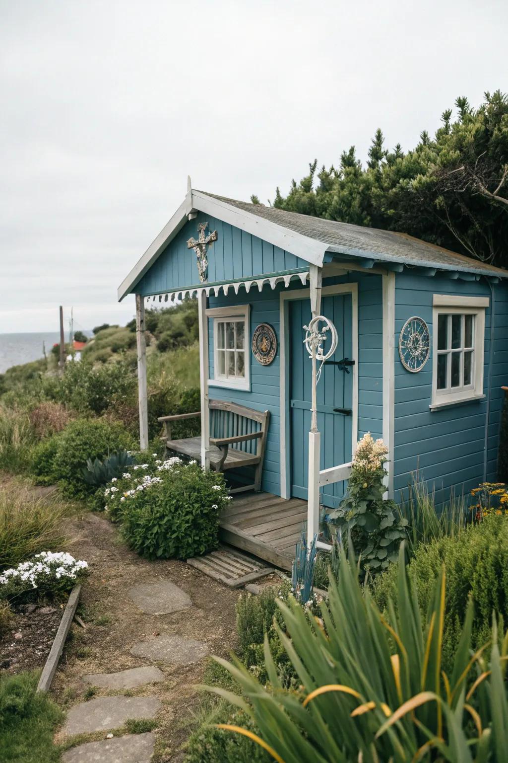 Tranquil blue sheds evoke peaceful coastal vibes.