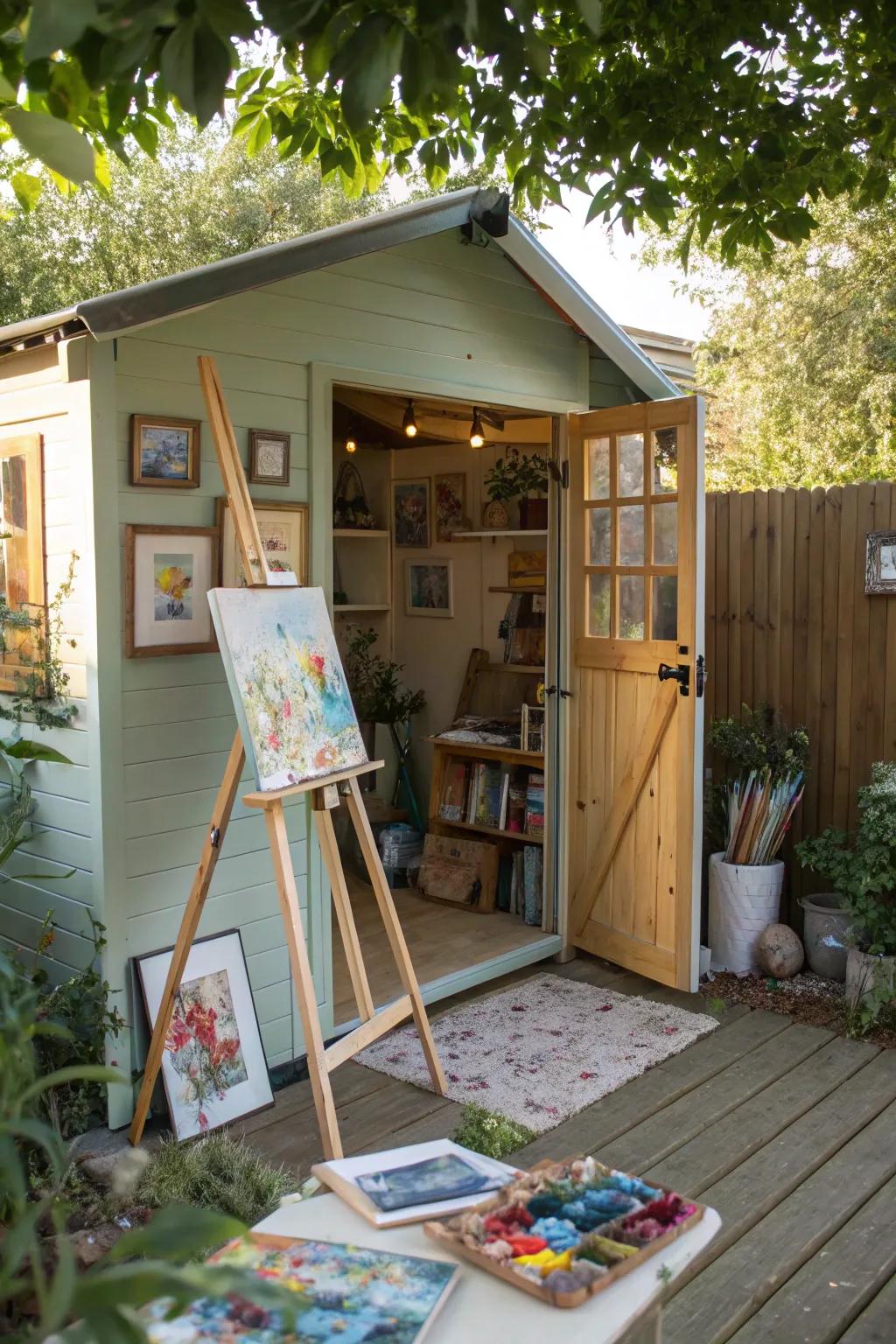 A garden shed repurposed as a creative art center.