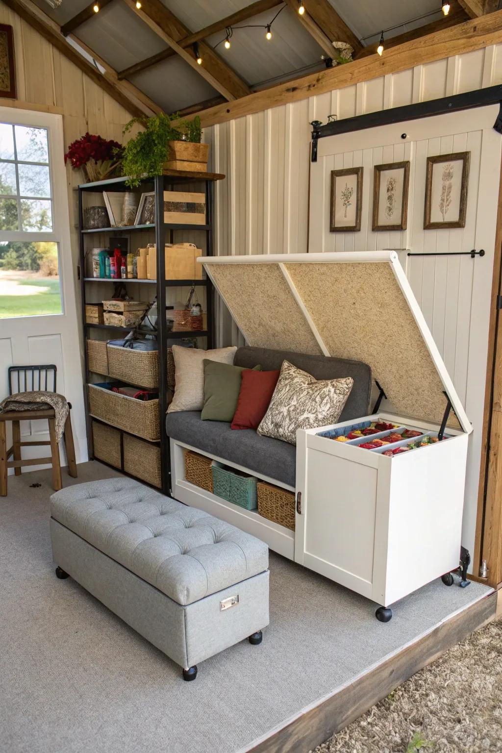 A garden shed home interior featuring multi-purpose furnishings like a storage bench.