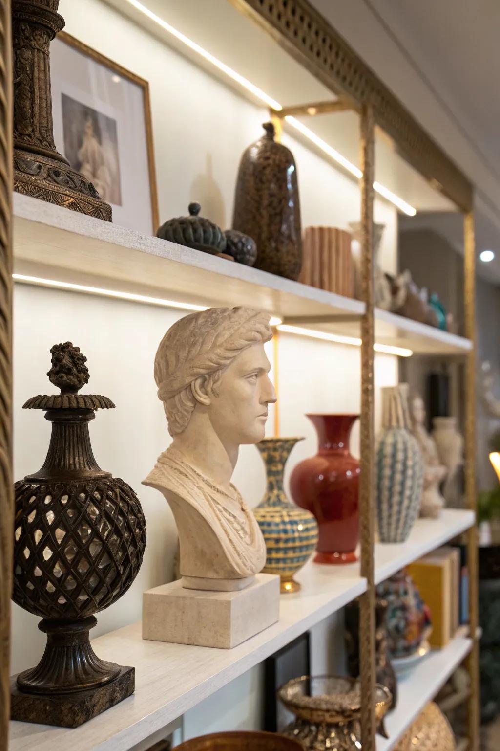Decorative figurines inject character and visual appeal onto the shelf.
