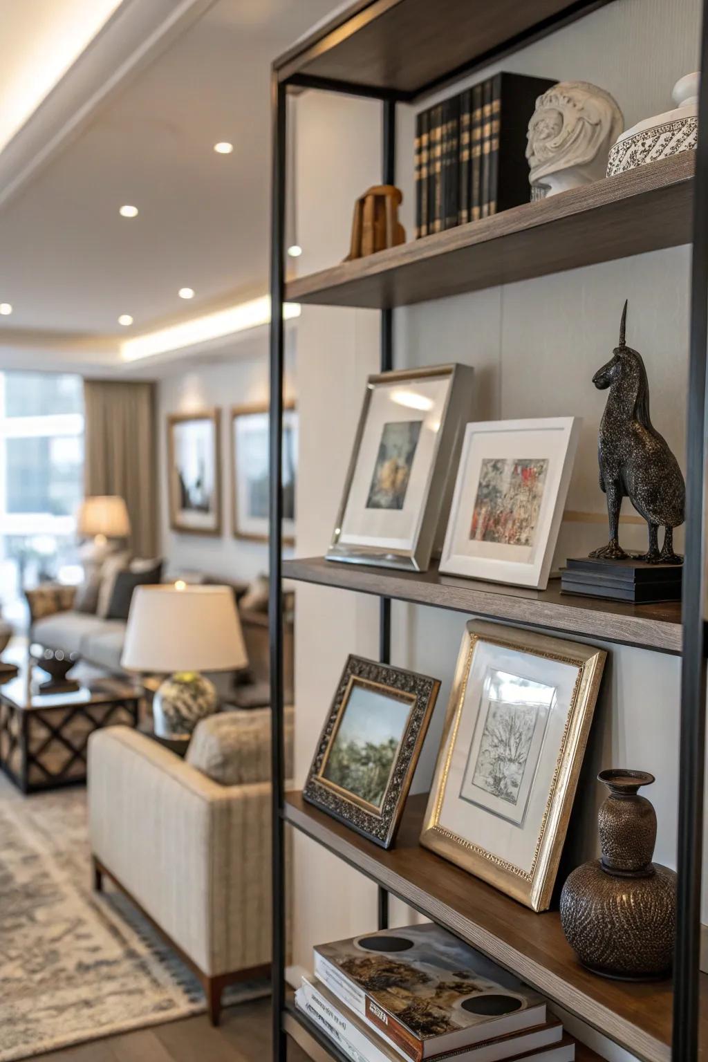 Artistic creations transform a display shelf into a personal gallery space.