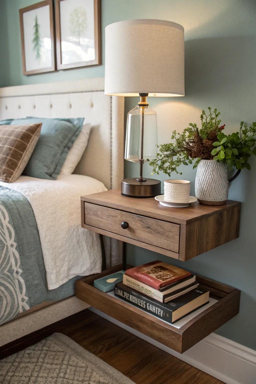 Wall-mounted shelves function as excellent bedside tables in compact areas.