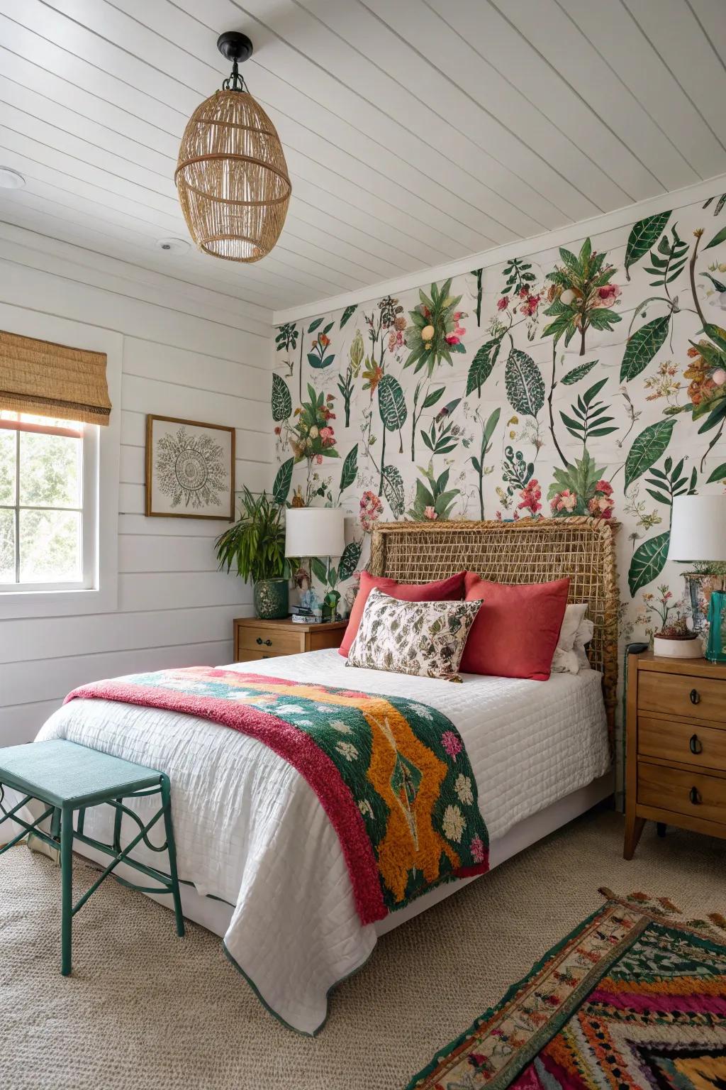 Merge shiplap and wall covering for an extraordinary and revitalizing bedroom aesthetic.