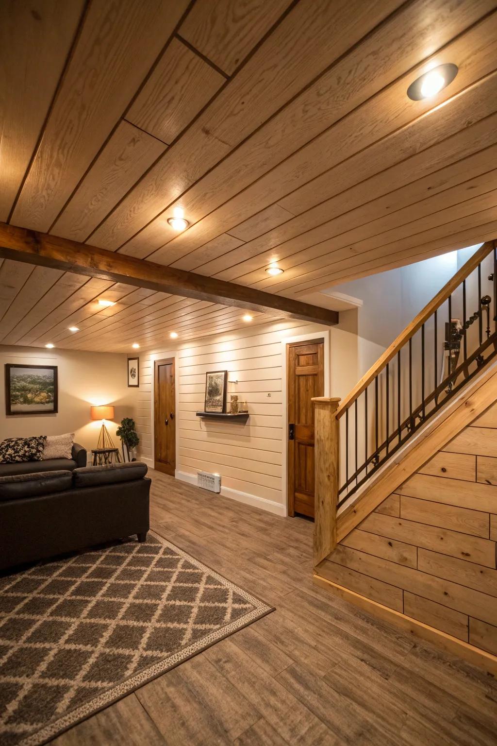 A snug basement showcasing a grooveboard ceiling.