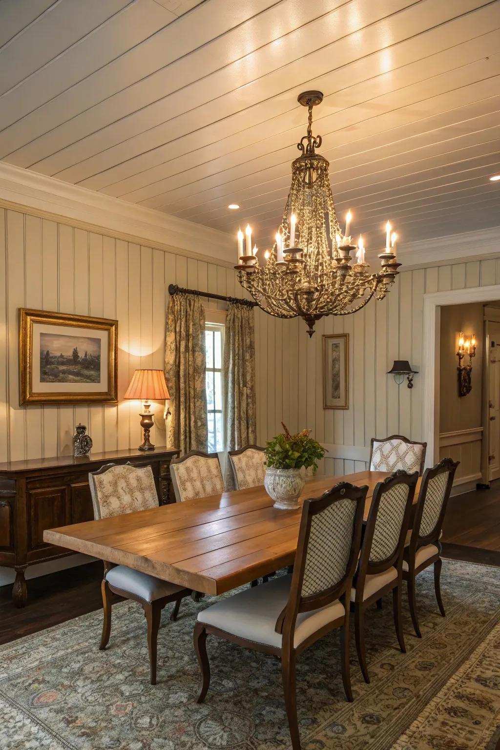 A dining space featuring vintage elements and shiplap walls.