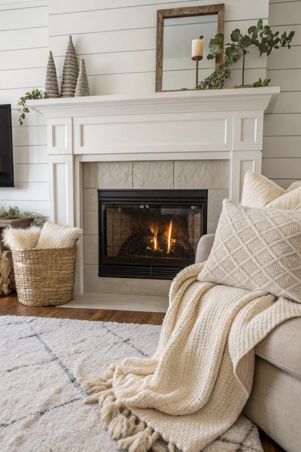 Neutral shiplap fireplace creating a bright and airy ambiance.