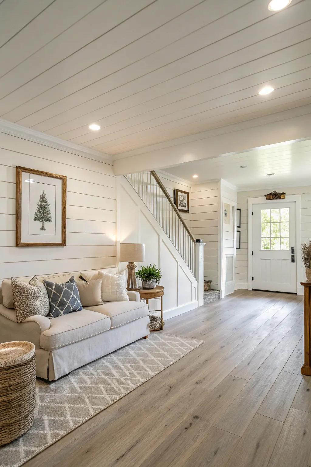 Brightening the basement with soft-toned shiplap.