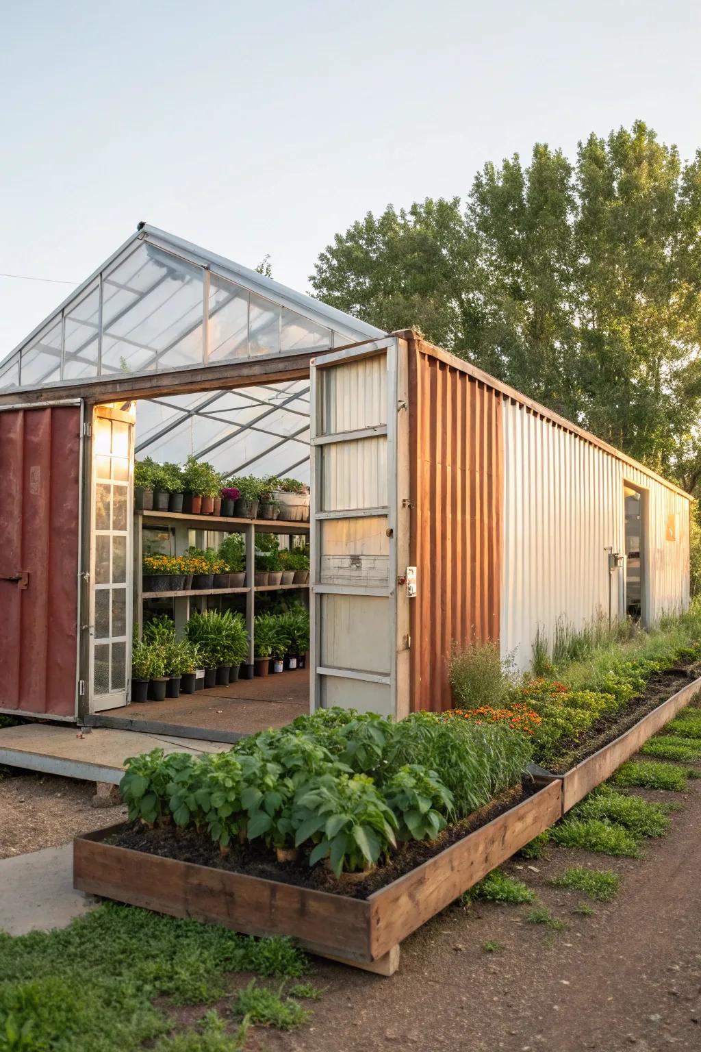 A shipping container barn seamlessly integrated with a vibrant greenhouse.