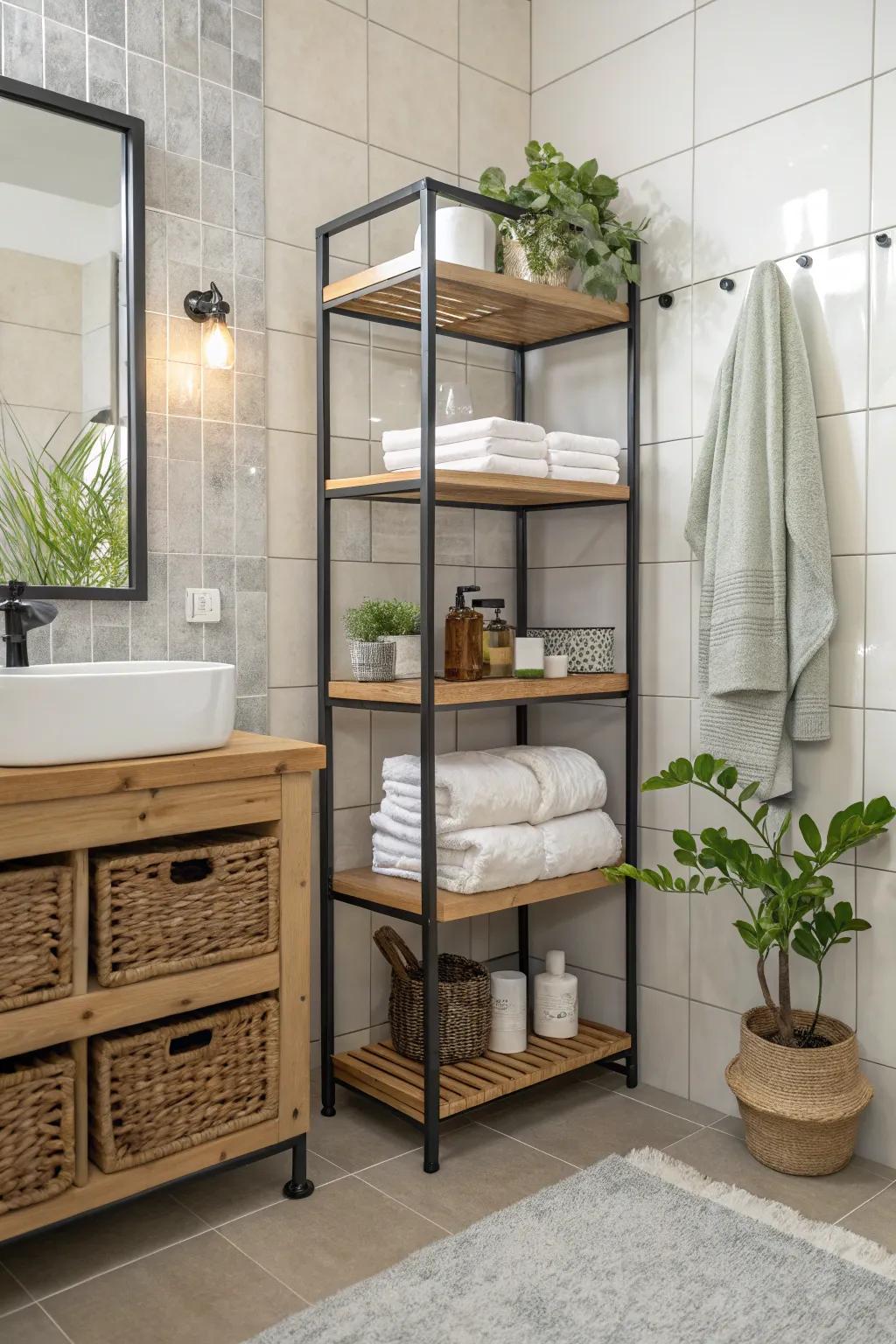 Exposed shelving for both organization and design.
