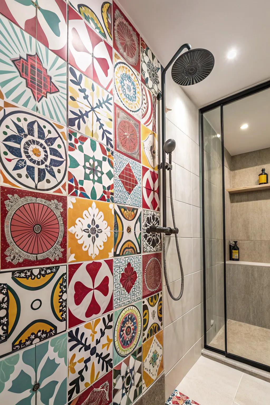 A shower showcasing standout tiles in vibrant patterns and colors.