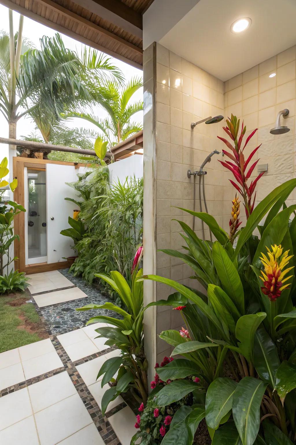 Exotic botanicals flourish within the humid ambiance of a restroom.