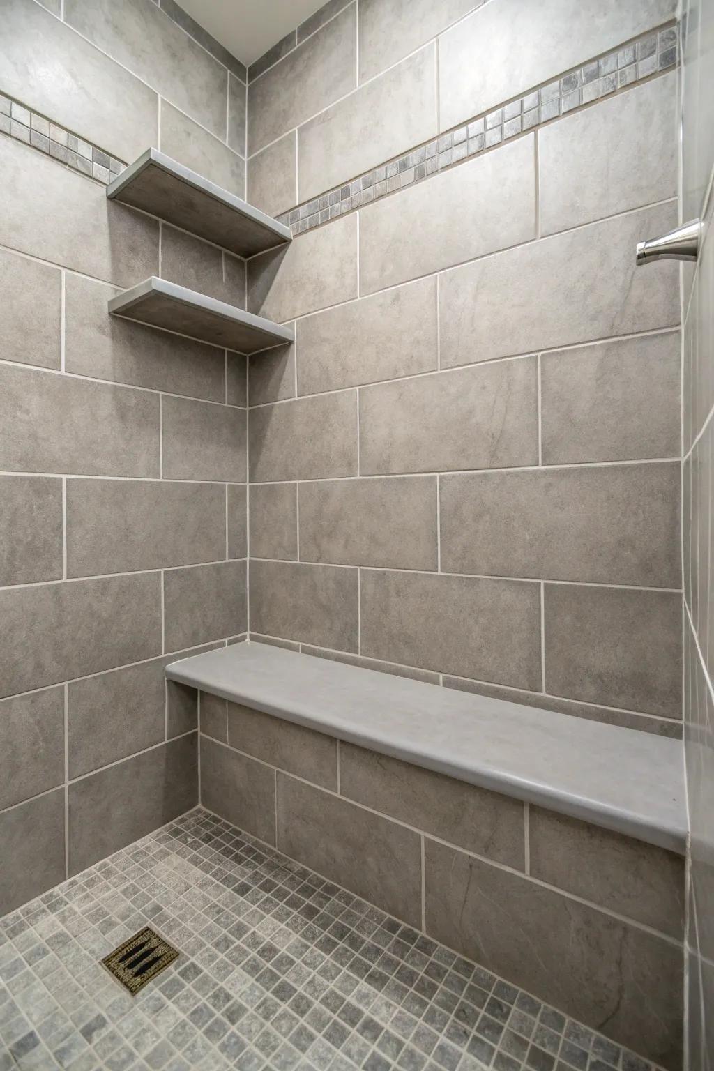 Practicality meets style with integrated elements in a grey-tiled shower.