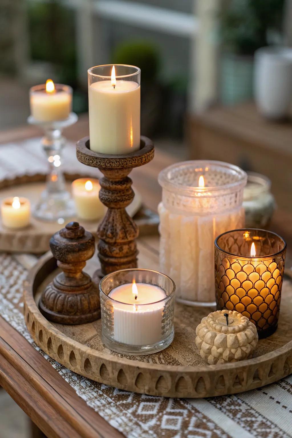 A comfortable side table arrangement with a selection of candles.