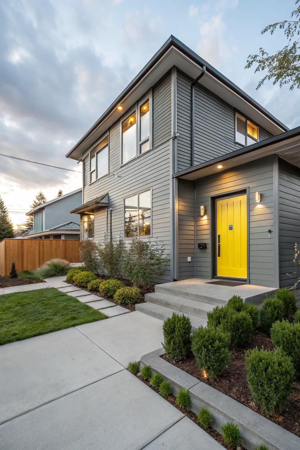 Refined pewter cladding accompanied by a burst of hue for contemporary enticement.