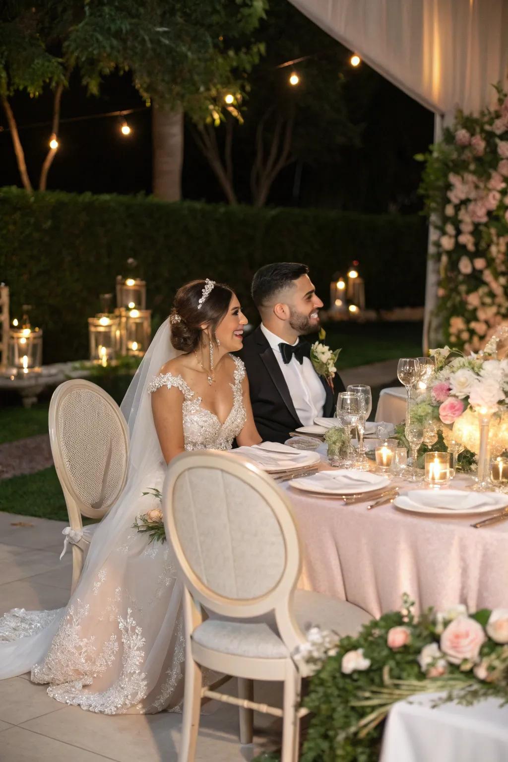 The bride and groom are seated at a table with chic, elegant chairs.