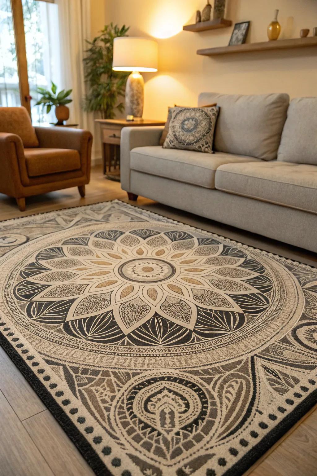 A rug with fractal patterns provides grace and cohesion to the living space.