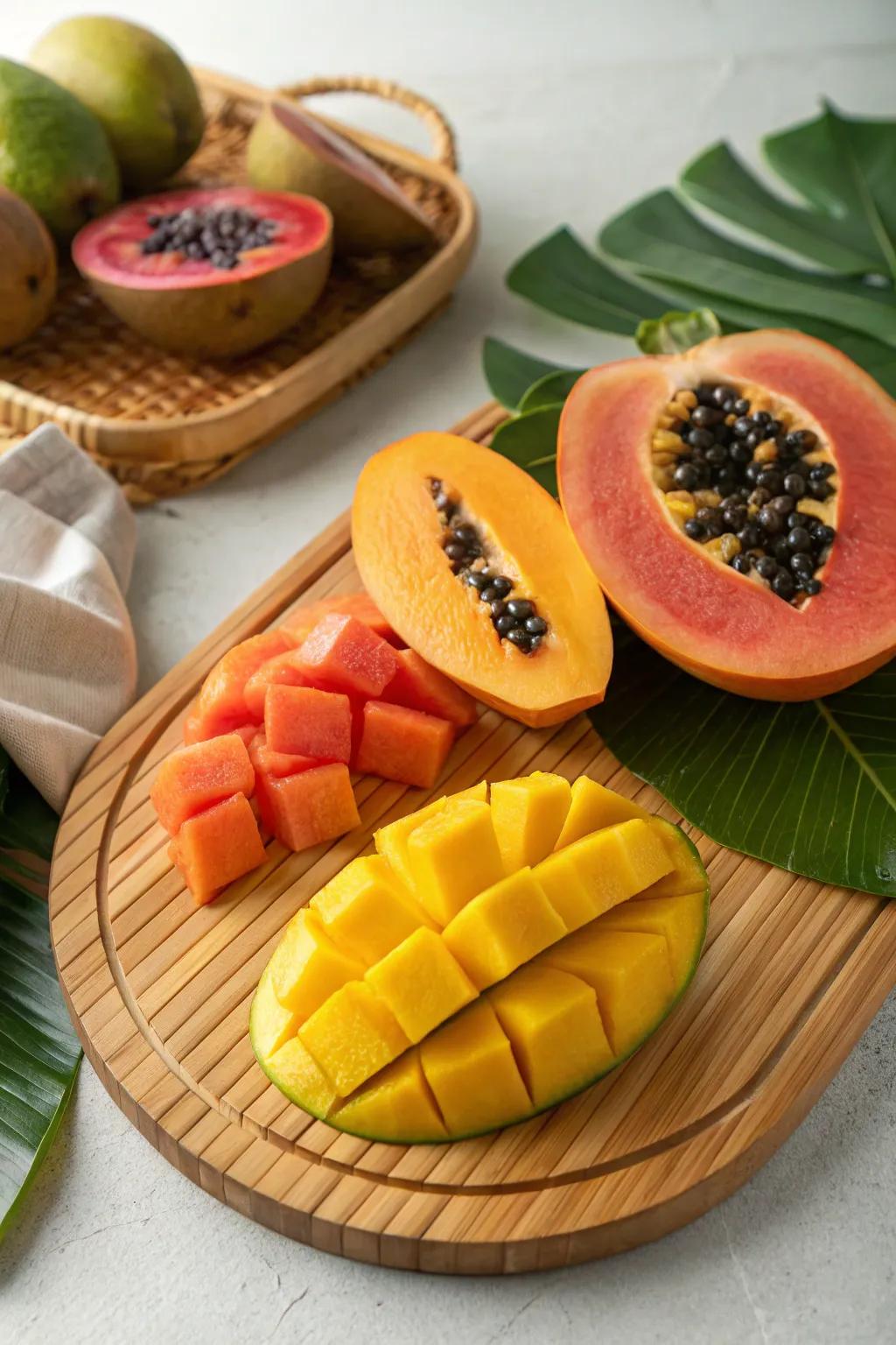 Tropical fruits add an exotic flair to your arrangement.