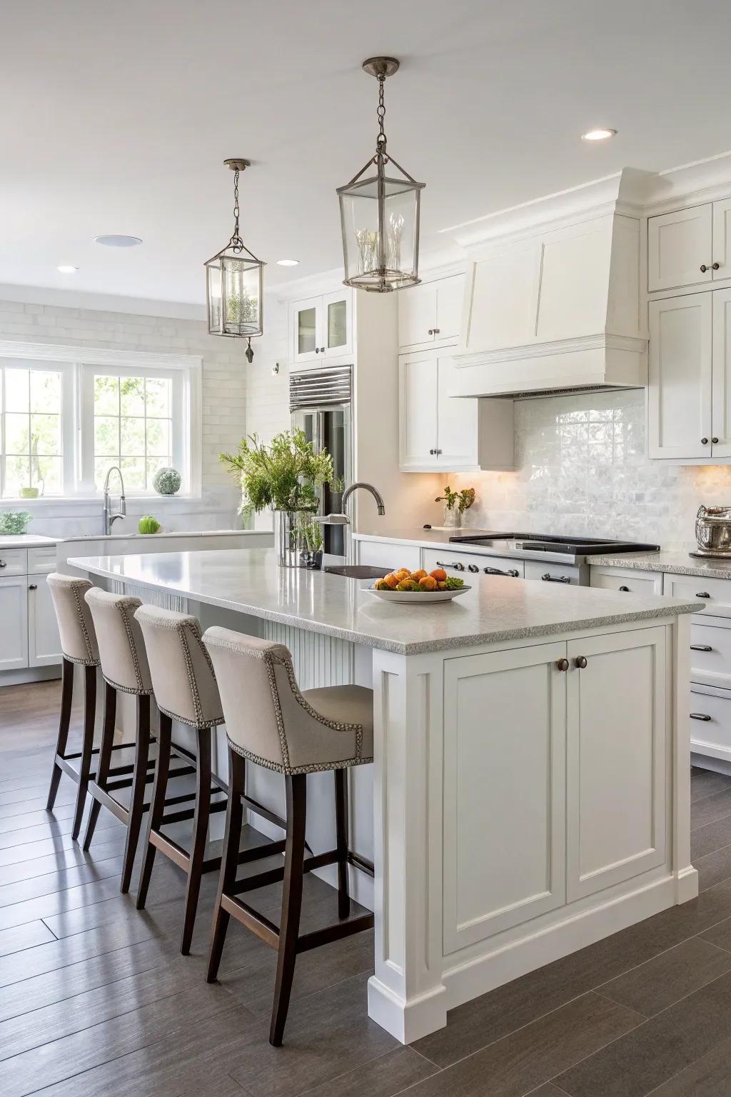 A white kitchen island that serves as a casual dining space.