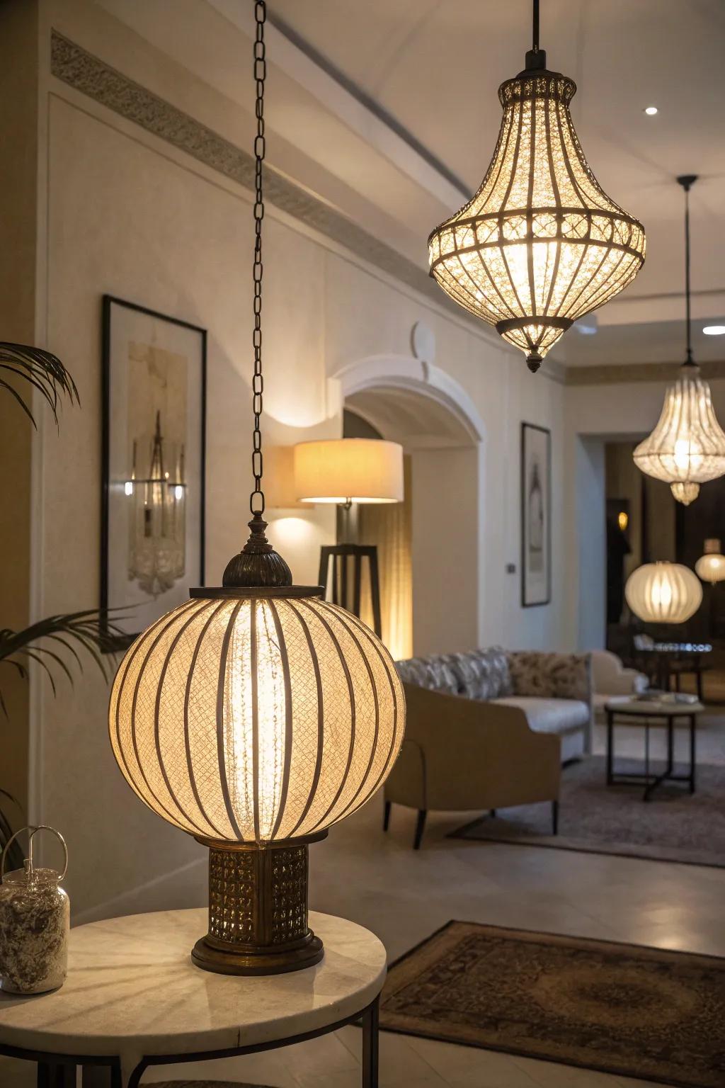 A room transformed by refined lighting fixtures.