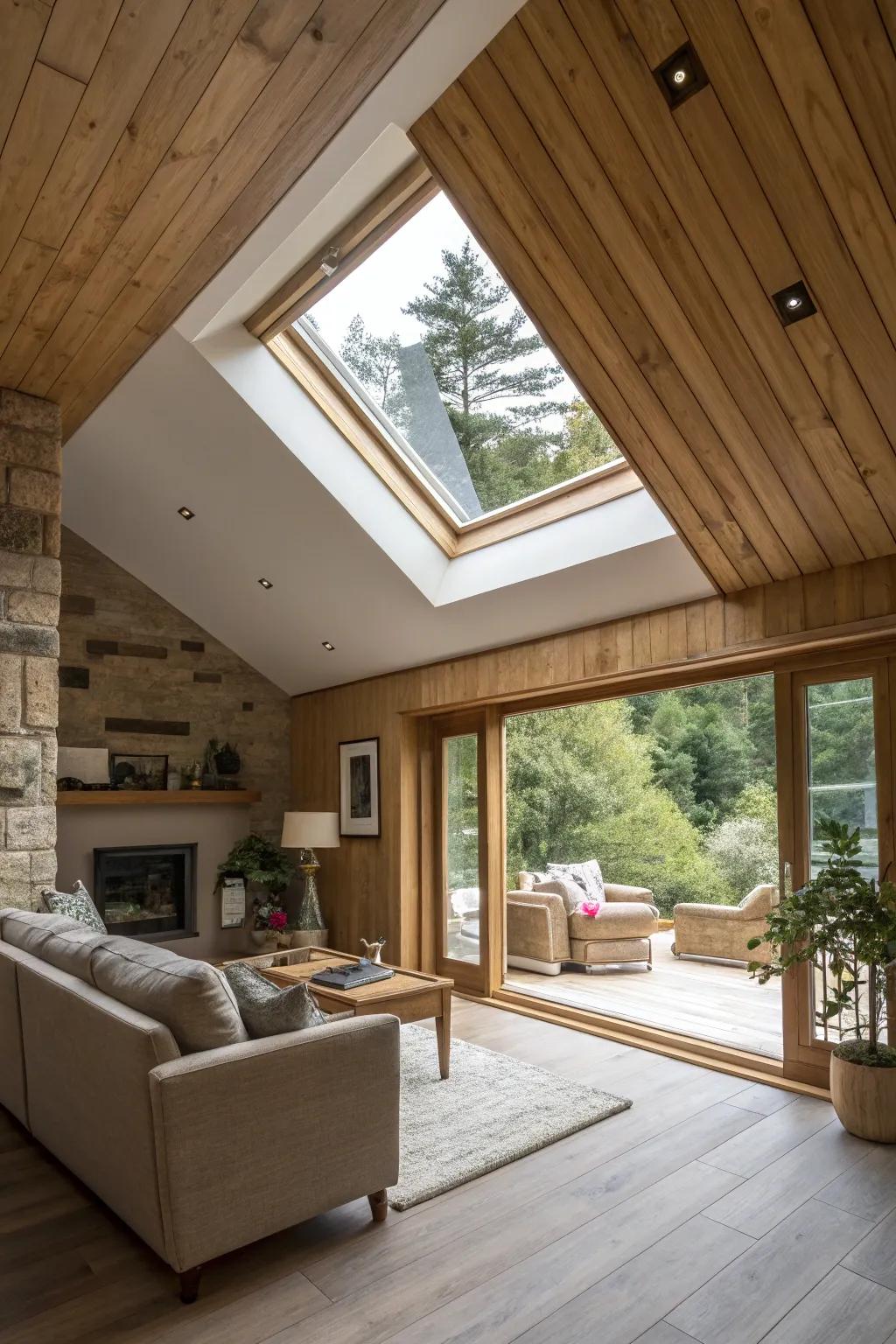 A living space using a skylight framed by wood panels.