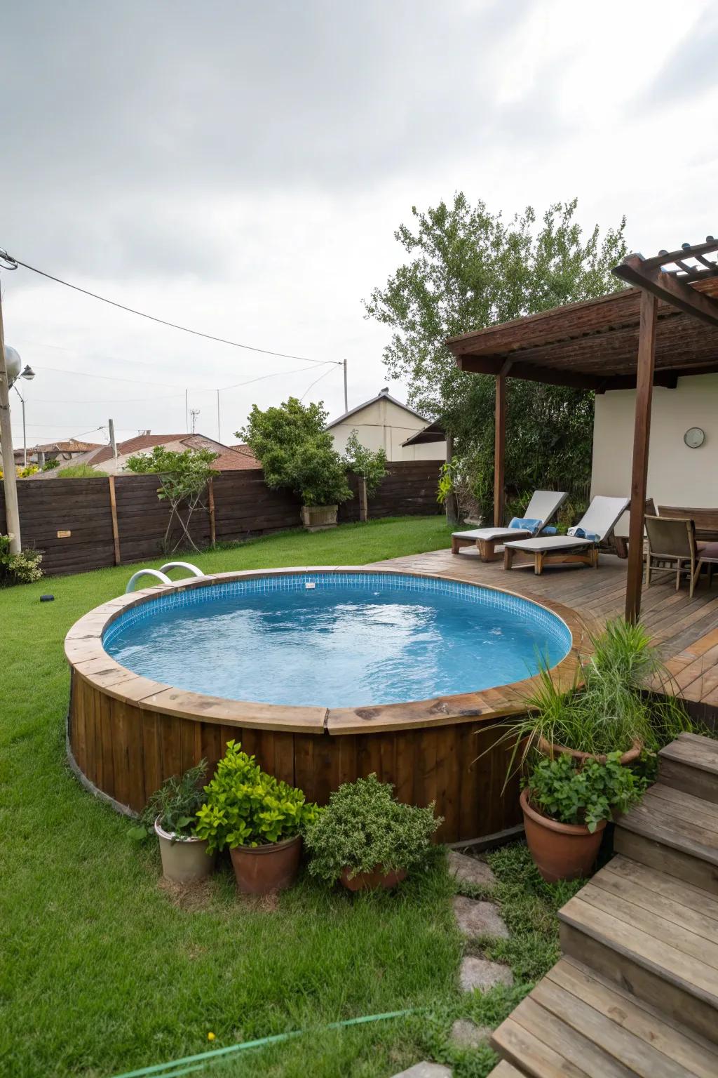 An unusually shaped above-ground pool that draws the eye.