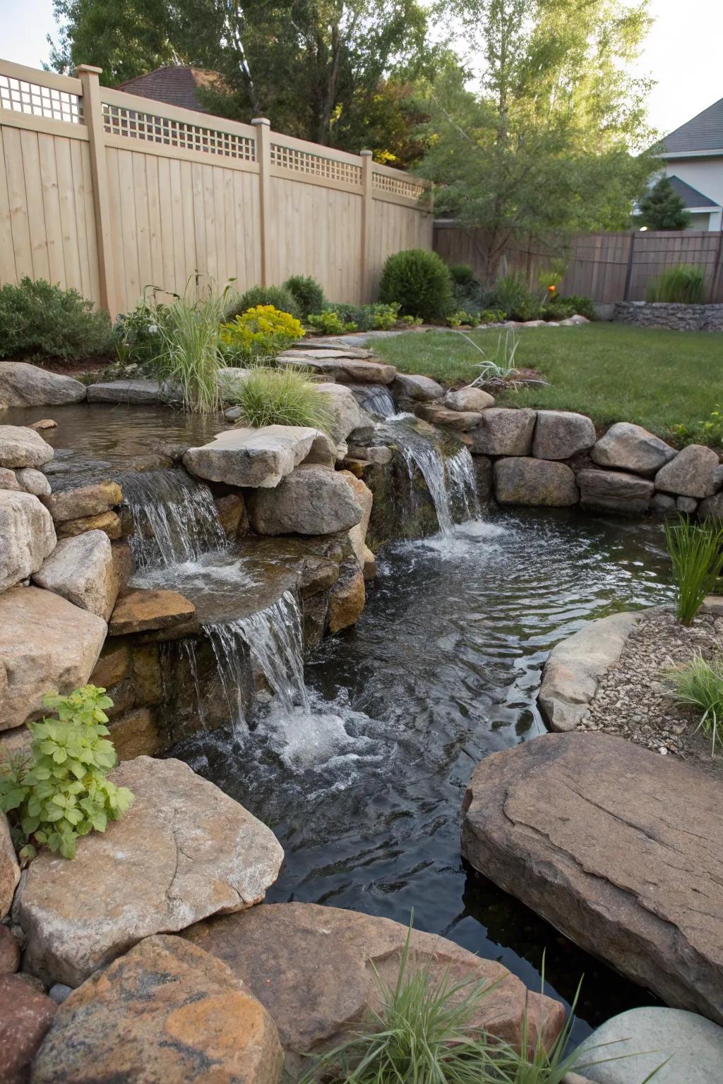 A pond-free waterfall represents a low-maintenance water element suitable for small spaces.