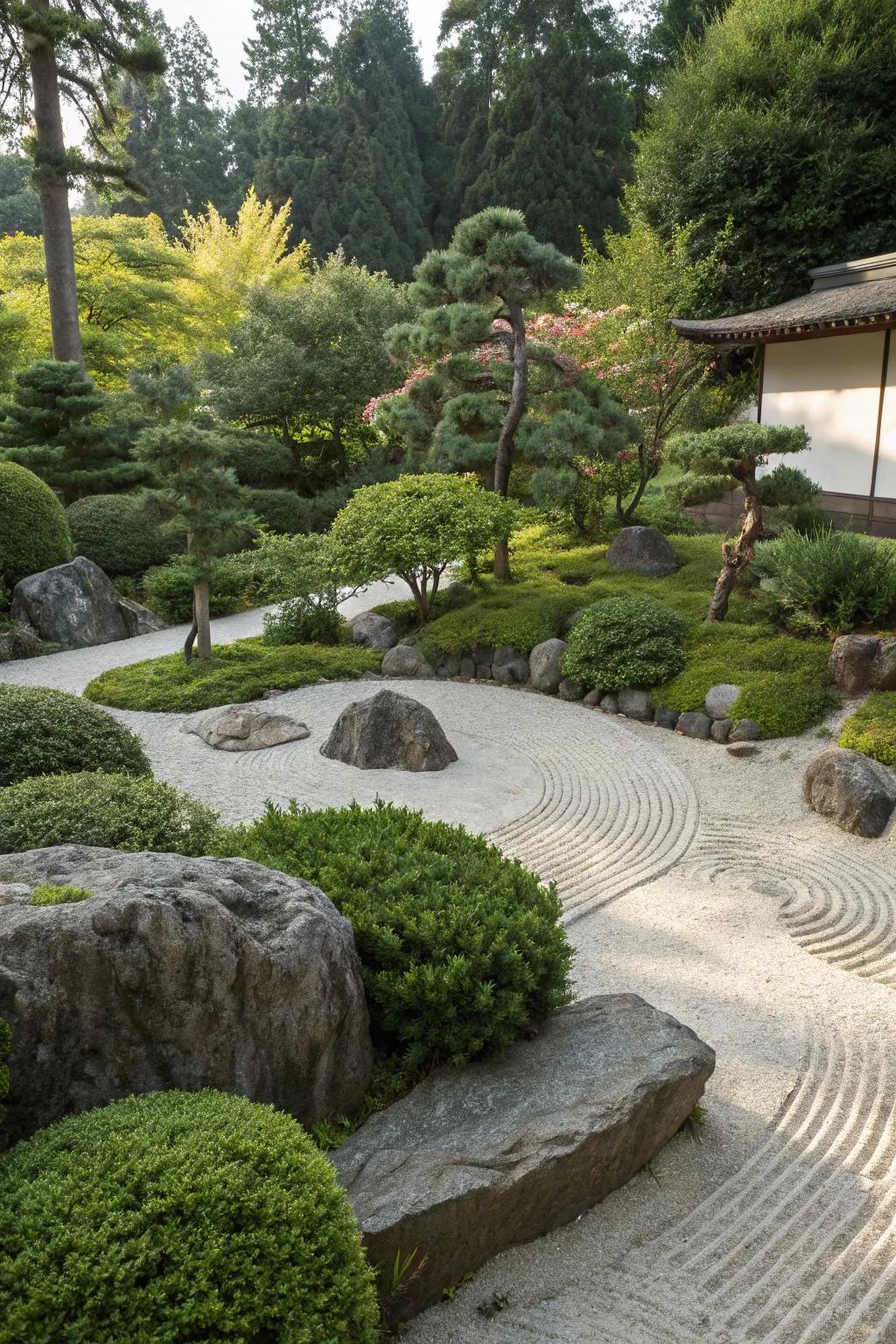 A zen garden with layered bushes and small trees adding depth and seclusion.