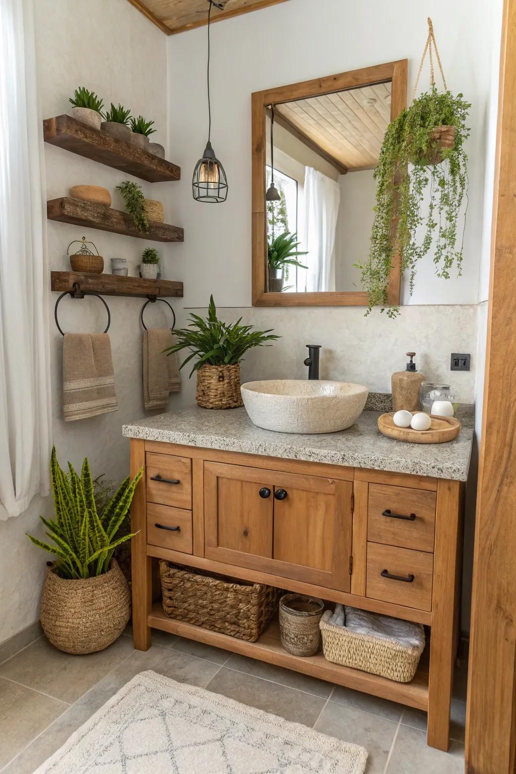 A timber vanity that introduces warmth and texture into a compact restroom.