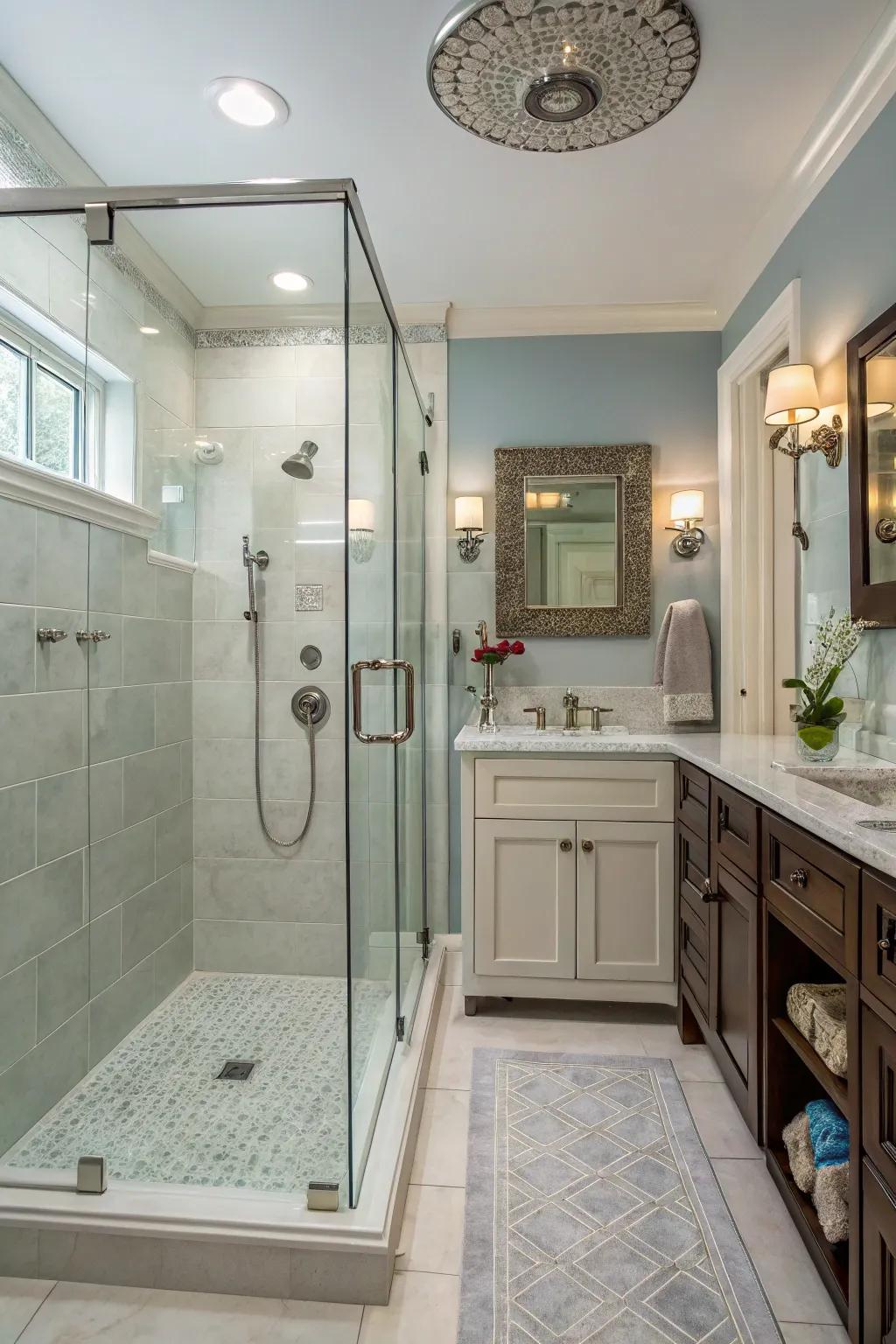 Overhead sprinklers bring luxury to compact shower spaces.
