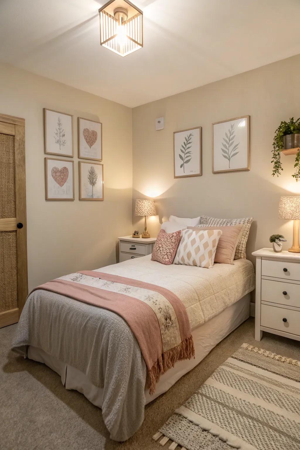 A compact bedroom featuring a palette of soft neutral tones to maximize spaciousness.