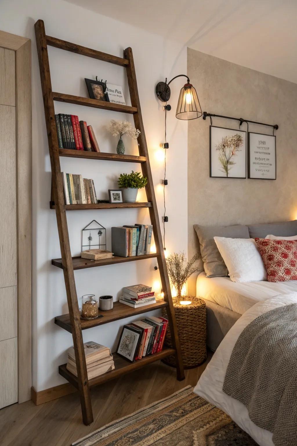 A wall-affixed staircase shelf as a space-efficient bedside table.