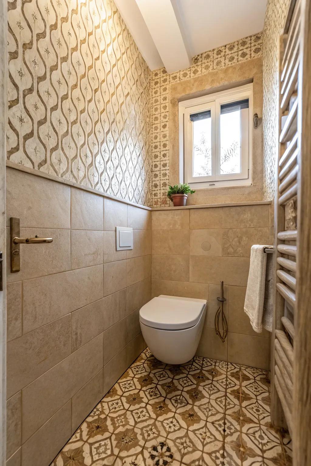 A small bathroom featuring textured beige tiling.