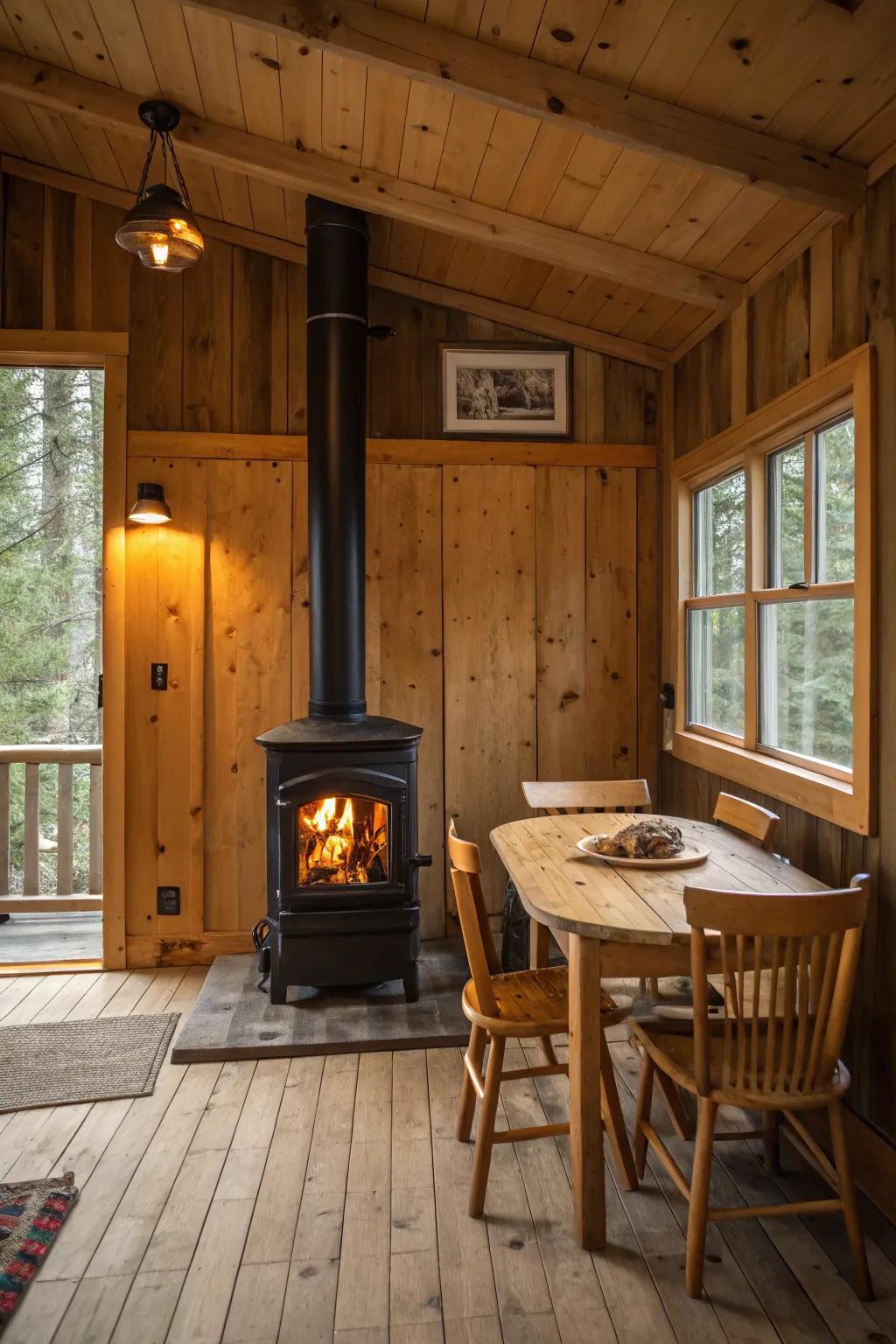 A cabin interior centered around a warm and inviting fireplace.