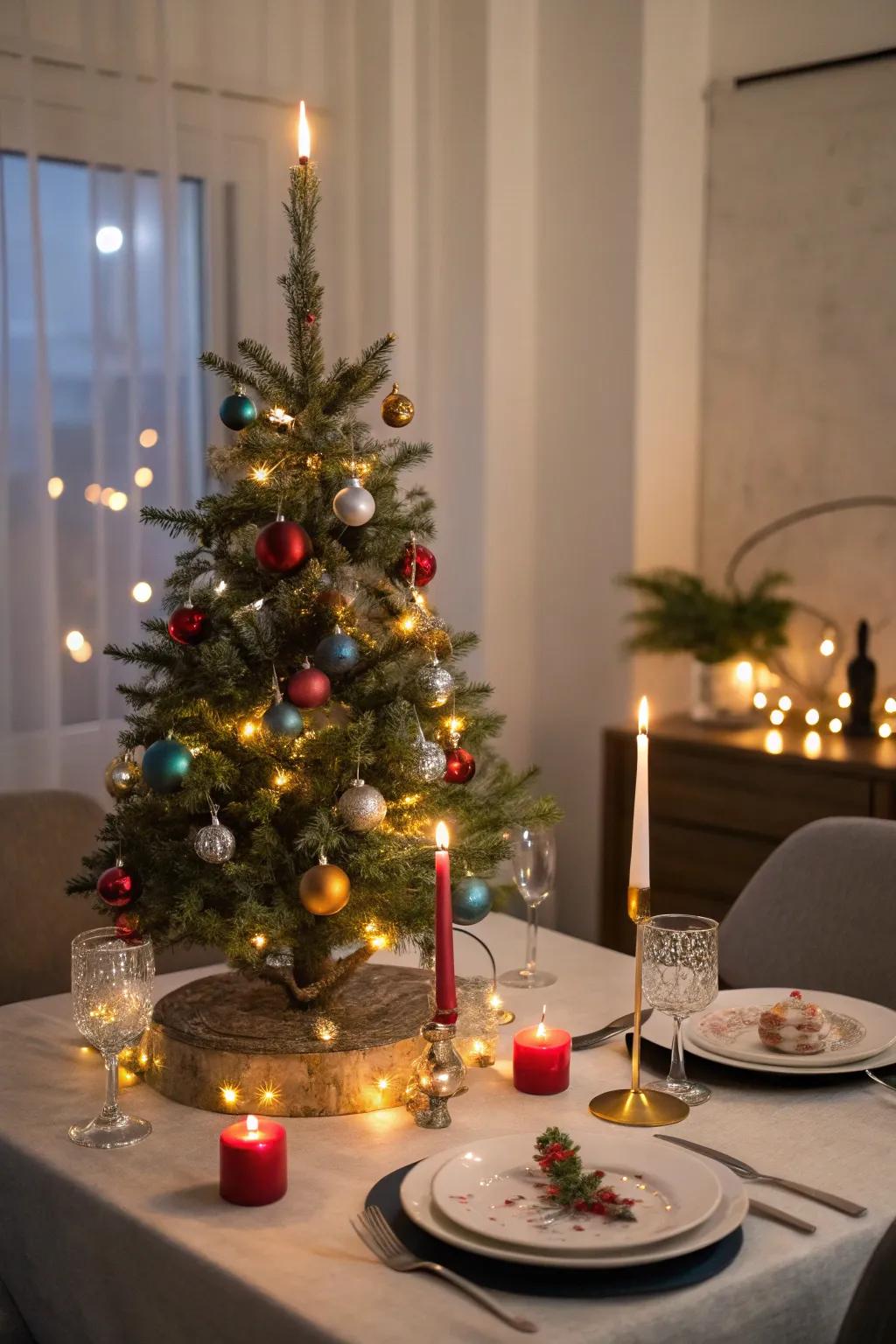 A tabletop Christmas tree serves as a festive dining table centerpiece.